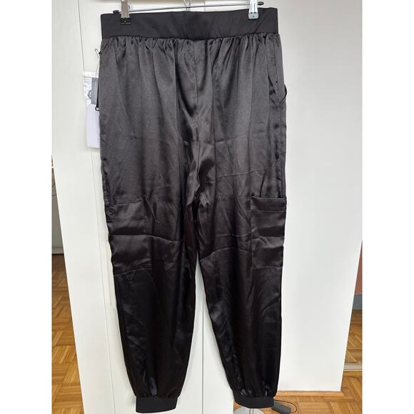 LEITH BLACK SATIN CARGO PANTS HIGH-RISE SIX POCKET SIDE ZIP STYLE, Size L, NWT - Picture 3 of 4